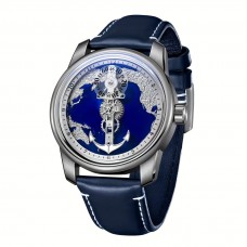 Avowaland Watches Men's Automatic Mechanical Watch - Unique Skeleton Design with World Map & Anchor Dial, Stainless Steel Case, Blue Faux Leather Strap - Business Casual, Non-Electric, Perfect Valentine's Gift for Him