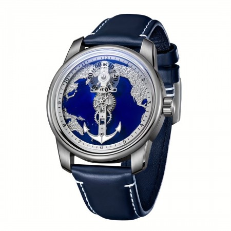 Avowaland Watches Men's Automatic Mechanical Watch - Unique Skeleton Design with World Map & Anchor Dial, Stainless Steel Case, Blue Faux Leather Strap - Business Casual, Non-Electric, Perfect Valentine's Gift for Him