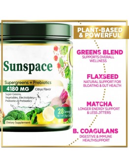 Sunspace Nutritional supplements Green Powder Superfood, Organic Super Greens Powder Juice & Smoothie Drink Mix, Gut Health & Bloating Support, Probiotics, Spirulina