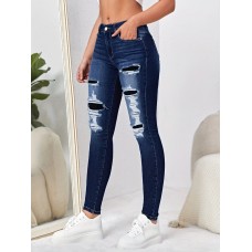 Smilesky Jeans Fashionable Blue Denim Skinny Jeans with Distressed Details