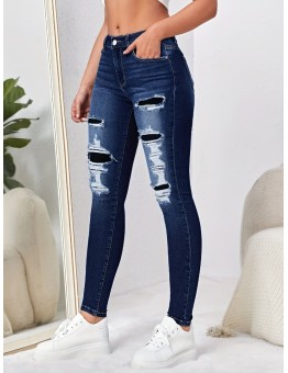 Smilesky Jeans Fashionable Blue Denim Skinny Jeans with Distressed Details