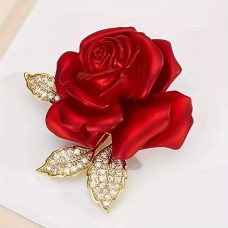 Airfairy Brooches for clothing Elegant Red Rose Brooch Pin with Crystal Accents, Romantic Zinc Alloy Floral