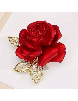 Airfairy Brooches for clothing Elegant Red Rose Brooch Pin with Crystal Accents, Romantic Zinc Alloy Floral