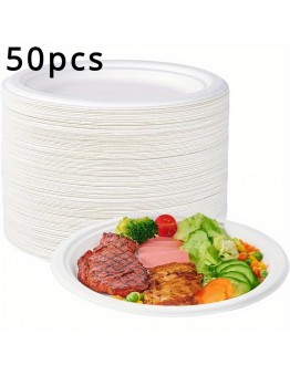 Whitedeer Disposable table plates 50-Pack White Paper Plates for Camping and Dining, Biodegradable