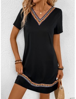 Yesangle Ethnic Tape V-neck Contras Trim Dress, Elegant Short Sleeve Loose Dress For Spring & Summer, Women's Clothing M