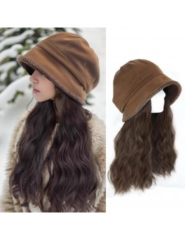 Pink planet Hat wig one fashionable female models new fall and winter plush cap wig female long hair simulation hair wig cap