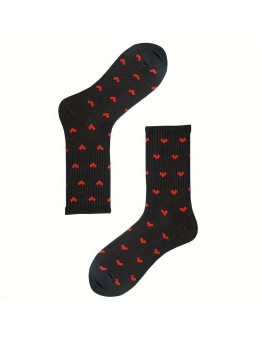 Yesangle 1 Pair Men's Socks, Black with Red Hearts, Mid-Calf Length, Knit Fabric, Spandex Blend, Polyester, Hand Wash or Dry Clean