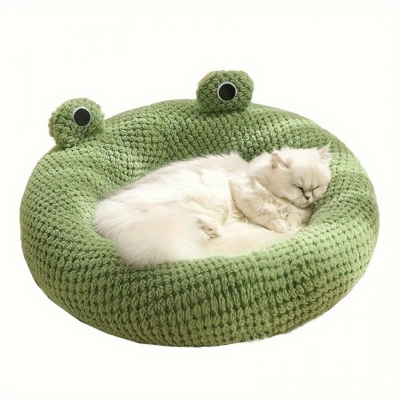 Queendiary Pet cushions Frog-Shaped Plush Pet Bed for Cats - Soft Polyester Fiber Cartoon Design, Cozy Cotton Filling, Ideal for Cats and Small Dogs