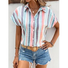 Airsuper Striped Print Button Front Shirt, Casual Short Sleeve Shirt For Spring & Summer, Women's Clothing M