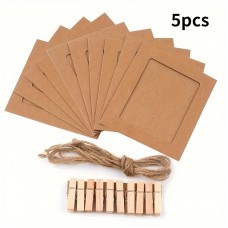 Mojolion Paper photo frames Art Deco Style Kraft Paper Photo Frames, Wall Hanging Picture Frame Set, Vertical Wood Material Oblong Frames for Wall Display, with Clips and Twine for Birthday, Christmas, Wedding, Anniversary Party Decor 5pcs