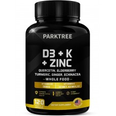 Parktree Vitamins D, K2, K1, Zinc, Quercetin, Elderberry, Turmeric, Ginger & Echinacea Whole Food Supplement 8 in 1- D3 5000 IU Plant-Based from Lichen, Vitamin K (K2 MK7, MK4, K1), D3 K2 Vitamins -120 Capsules