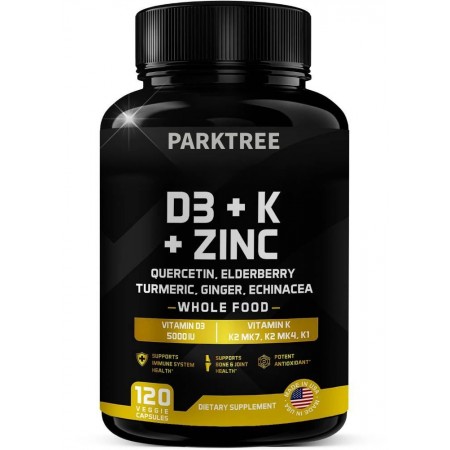Parktree Vitamins D, K2, K1, Zinc, Quercetin, Elderberry, Turmeric, Ginger & Echinacea Whole Food Supplement 8 in 1- D3 5000 IU Plant-Based from Lichen, Vitamin K (K2 MK7, MK4, K1), D3 K2 Vitamins -120 Capsules
