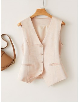 Heyouth Vests Pink Slim-Fit Vest for Women - Single Breasted, V-Neck, Polyester, Machine Washable - Perfect for Spring/Summer Fashion L size