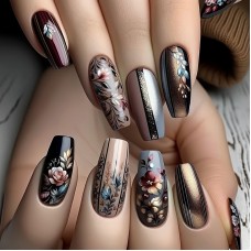 Cuteworld Artificial fingernails 24pcs Vintage Floral & Line Design Press-On Nails - Glossy Medium Ballet Shape, Mixed Colors for Everyday & Party Wear