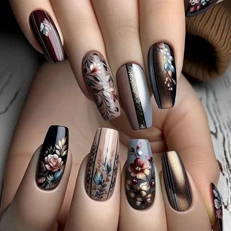 Cuteworld Artificial fingernails 24pcs Vintage Floral & Line Design Press-On Nails - Glossy Medium Ballet Shape, Mixed Colors for Everyday & Party Wear