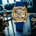 Friendear Watches Men's Golden Blue Alloy Retro Carved Dual-Sided Hollow Automatic Mechanical Watch