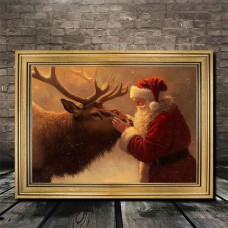 Ticking Picture Frames Vintage Santa Claus & Elk Canvas Art with Golden Frame - Perfect for Living Room Decor, 29.97x39.88 cm