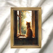 Anglewhale Picture Frames Serene Windowsill Scene, 29.97x39.88 cm, Perfect for Living Room Wall Decor, Old Female Cat, Light Green Wall, Home Walls Decoration, 2D, Perfect for Room Decor