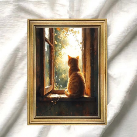 Anglewhale Picture Frames Serene Windowsill Scene, 29.97x39.88 cm, Perfect for Living Room Wall Decor, Old Female Cat, Light Green Wall, Home Walls Decoration, 2D, Perfect for Room Decor