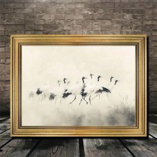 Dearforest Picture Frames Golden Frame Art, Red-Crowned Cranes in Misty Grassland, 29.97x39.88 cm, Elegant Dance, Living Room Wall Decor, Artistic Drawing Set