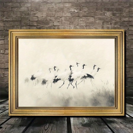 Dearforest Picture Frames Golden Frame Art, Red-Crowned Cranes in Misty Grassland, 29.97x39.88 cm, Elegant Dance, Living Room Wall Decor, Artistic Drawing Set