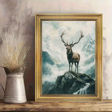Owlqueen Picture Frames Majestic Stag in Mountain Landscape Art - 1 Piece Vintage Golden Frame Wall Decor for Home and Living Room, Durable Material, 29.97cm x 39.88cm