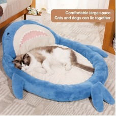 Ticking Pet cushions Cartoon Shark-Shaped Pet Bed for Cats and Dogs, Comfortable Plush Oval Dog Bed with Non-Slip Bottom, Striped Pattern, Polyester Fiber Filling, Suitable for Small to Medium Dogs and Toy Breeds