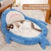 Ticking Pet cushions Cartoon Shark-Shaped Pet Bed for Cats and Dogs, Comfortable Plush Oval Dog Bed with Non-Slip Bottom, Striped Pattern, Polyester Fiber Filling, Suitable for Small to Medium Dogs and Toy Breeds