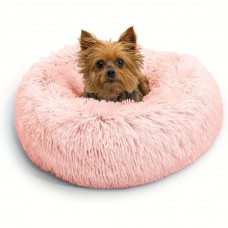 Roomango Pet cushions Round Donut Dog Bed With Plush Faux Fur Fabric, Calming, Cushion For Indoor Pets, Slip-Resistant Base Pink
