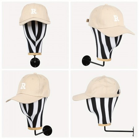 Bellcat Hat stands rofessional Salon-Quality Hat Display Stand - Sleek Black and White Zebra Stripe Design with Golden Accents, Wall-Mounted Holder