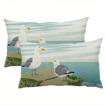 Barleyear Pillows Coastal Seagull Decorative Linen Throw Pillow , 2-Pack - Nautical Bird Design for Sofa and Home Decor, Comfort