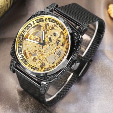 Todayelf Watches Avant Garde Black Zinc Alloy Mesh Band Fashion Automatic Skeleton Mechanical Watch, Youth Tourbillon Movement, Pointer Display, No Battery Required for Men