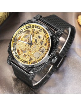 Todayelf Watches Avant Garde Black Zinc Alloy Mesh Band Fashion Automatic Skeleton Mechanical Watch, Youth Tourbillon Movement, Pointer Display, No Battery Required for Men