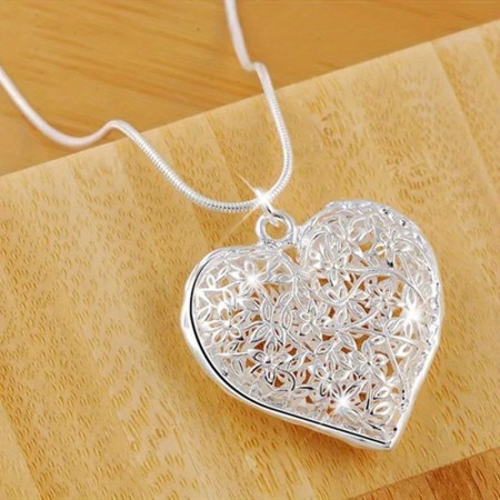 Koala bear Lockets Exquisite 925 Silvery-Plated Heart Pendant Necklace, Sexy Hollowed Out Floral Design, for Women Man Fashion Perfect Wedding Party Accessory, Christmas Gift Idea
