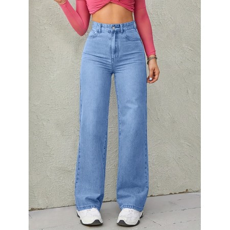 Shellgirl Jeans High Waisted Loose Comfortable Wide Leg Jeans, Blue Light Wash Diagonal Pockets Medium Stretch Straight Jeans L size