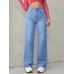 Shellgirl Jeans High Waisted Loose Comfortable Wide Leg Jeans, Blue Light Wash Diagonal Pockets Medium Stretch Straight Jeans L size