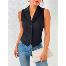 Shellgirl Vests Solid Color Single Breasted Vest, Elegant Slim Sleeveless Lapel Outwear For Spring & Fall, Women's Clothing XL size