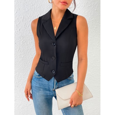 Shellgirl Vests Solid Color Single Breasted Vest, Elegant Slim Sleeveless Lapel Outwear For Spring & Fall, Women's Clothing XL size