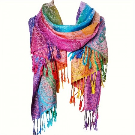 Parkearth scarfs Bohemian Jacquard Satin Paisley Scarf, Rainbow Gradient Tassel Shawl, Trendy Windproof Warm Wrap, Large Scarf for Women, Mardi Gras, Breathable, Decorative, Non-Stretch, Handwash/Dry Clean