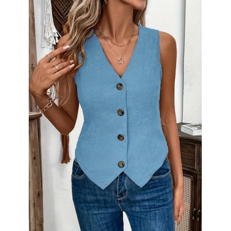 Jellykoala Vests Elegant Sleeveless V-Neck Denim Vest - 1pc Solid Color Corduroy Waistcoat with Button Details - Woven Coat for Spring/Summer/Fall Adult XL size