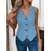 Jellykoala Vests Elegant Sleeveless V-Neck Denim Vest - 1pc Solid Color Corduroy Waistcoat with Button Details - Woven Coat for Spring/Summer/Fall Adult XL size