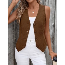 EAGLEGOOSE Elegant Women'S Solid Color Button-Front Vest Cardigan, Corduroy, V-Neck, Sleeveless, Polyester, Elegant Style, Spring/Summer/Autumn, Adult OuterwearXL size