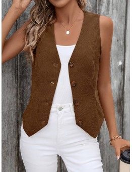 EAGLEGOOSE Elegant Women'S Solid Color Button-Front Vest Cardigan, Corduroy, V-Neck, Sleeveless, Polyester, Elegant Style, Spring/Summer/Autumn, Adult OuterwearXL size