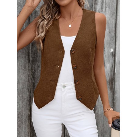 EAGLEGOOSE Elegant Women'S Solid Color Button-Front Vest Cardigan, Corduroy, V-Neck, Sleeveless, Polyester, Elegant Style, Spring/Summer/Autumn, Adult OuterwearXL size