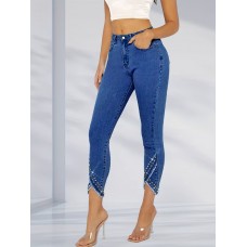 PRINCEGOOSE Jeans Chic Women's Stretch Skinny Jeans with Rhinestone-Embellished Raw Hem - Mid-Rise, Comfort Fit Denim in Light Blue, Blend, Allseason Jeans|Rhinestone Embellishments|Seamless Design, Plus Size Jeans L SIZE
