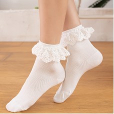 Jellykoala Socks 3 Pair Simple Solid Color Lace Trim Socks, Comfy & Breathable Mid Tube Socks, Women's Stockings & Hosiery