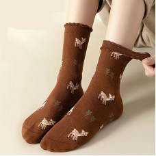 PRINCEGOOSE Socks 3 Pair Cartoon Deer Socks, Cute College Style Pleated Mid-Calf Socks