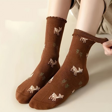 PRINCEGOOSE Socks 3 Pair Cartoon Deer Socks, Cute College Style Pleated Mid-Calf Socks