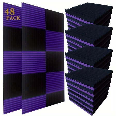 Intree Acoustic insulation panels 48pcs Black & Purple Acoustic 12"x12"x1" Wedge Panels - Sound Absorbing Wall Tiles for Studio Recording, Home Theater Decor