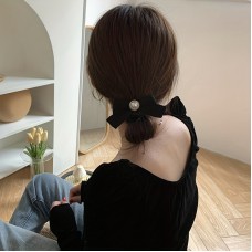 Topmoon Hair ties Elegant Minimalist Black Imitation Silk French Bow Hair Scrunchie with Pearl Accent, Solid Color Hair Rope, Vintage Style Single Piece Hair Tie Accessory 2pcs